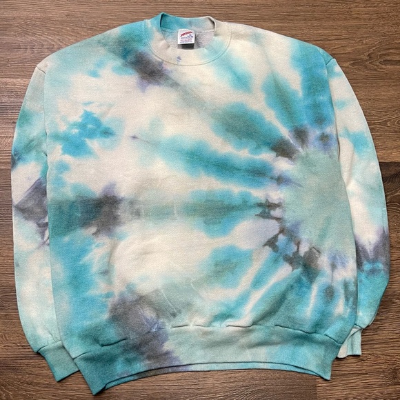 Vintage Jerzees Crewneck Sweatshirt Tie Dye Hyperjump XL Blue Remember Win - Picture 1 of 5